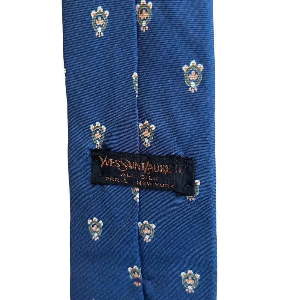 YSL Yves Saint Laurent Blue With Pattern 100% Silk Tie